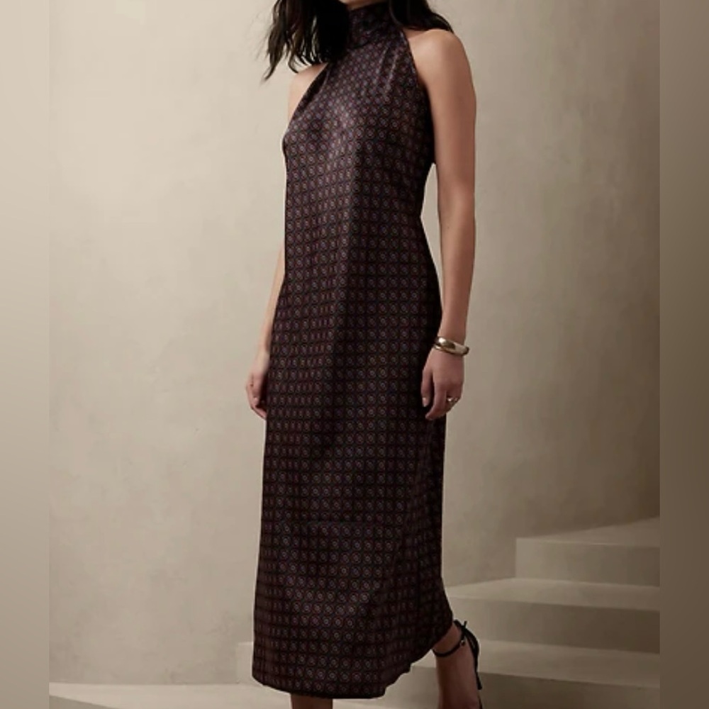 Banana Republic Halter Sheath Maxi Dress Geometric Print Tie Neck Holiday Medium